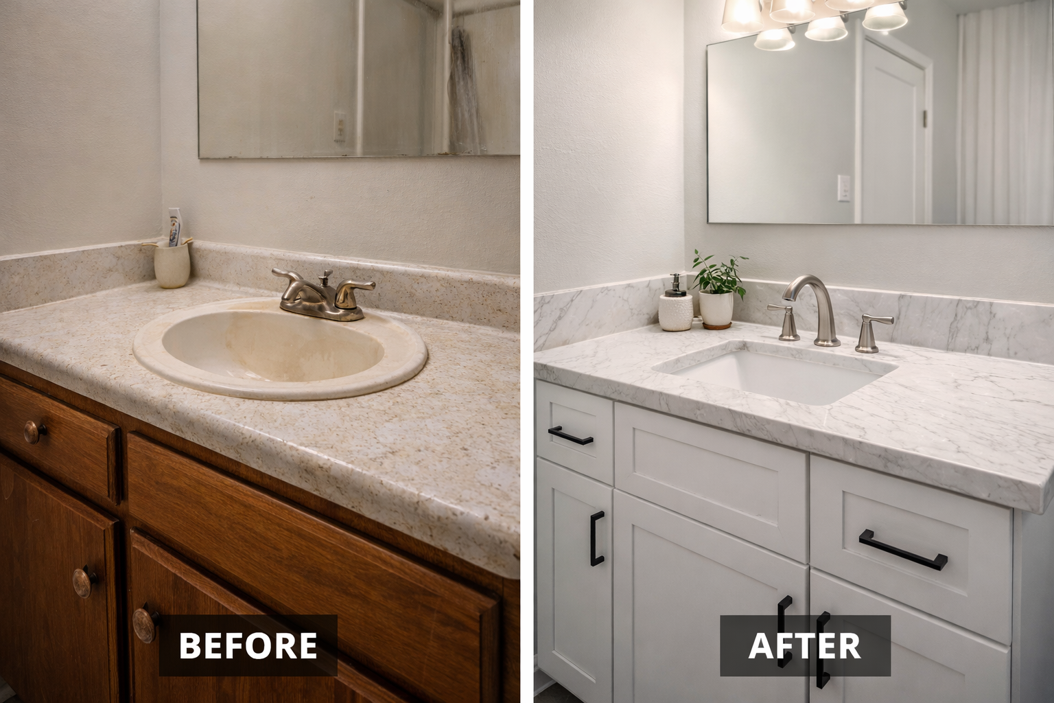 Before and after bathroom vanity and sink remodel