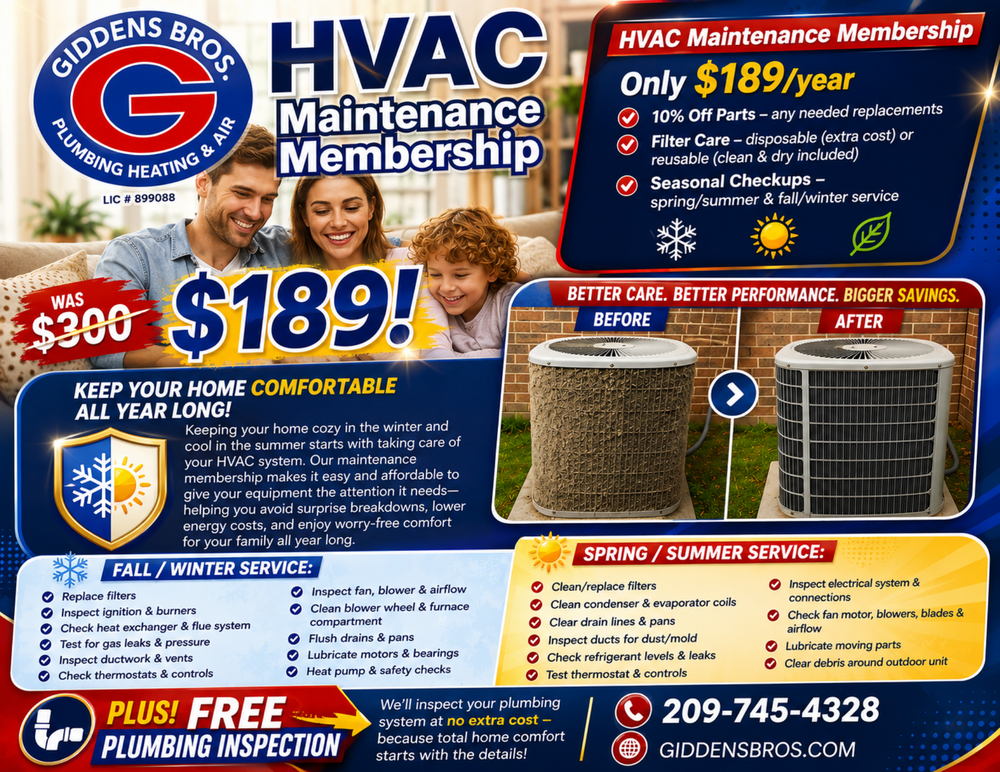 Galt HVAC Maintenance Membership: $189 per year with seasonal checkups, 10 percent off parts and a free plumbing inspection