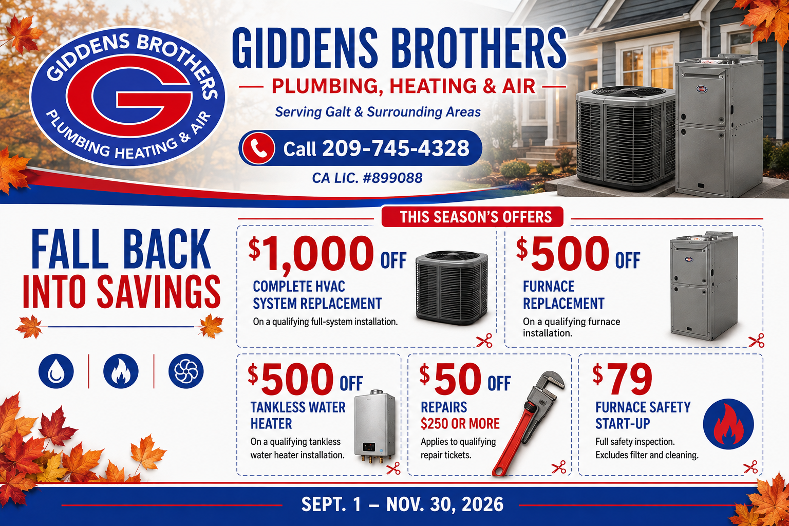 Giddens Brothers fall 2026 promotions: $1,000 off complete HVAC system replacement, $500 off furnace replacement, $500 off tankless water heater, $50 off repairs of $250 or more, and a $79 furnace safety start-up.